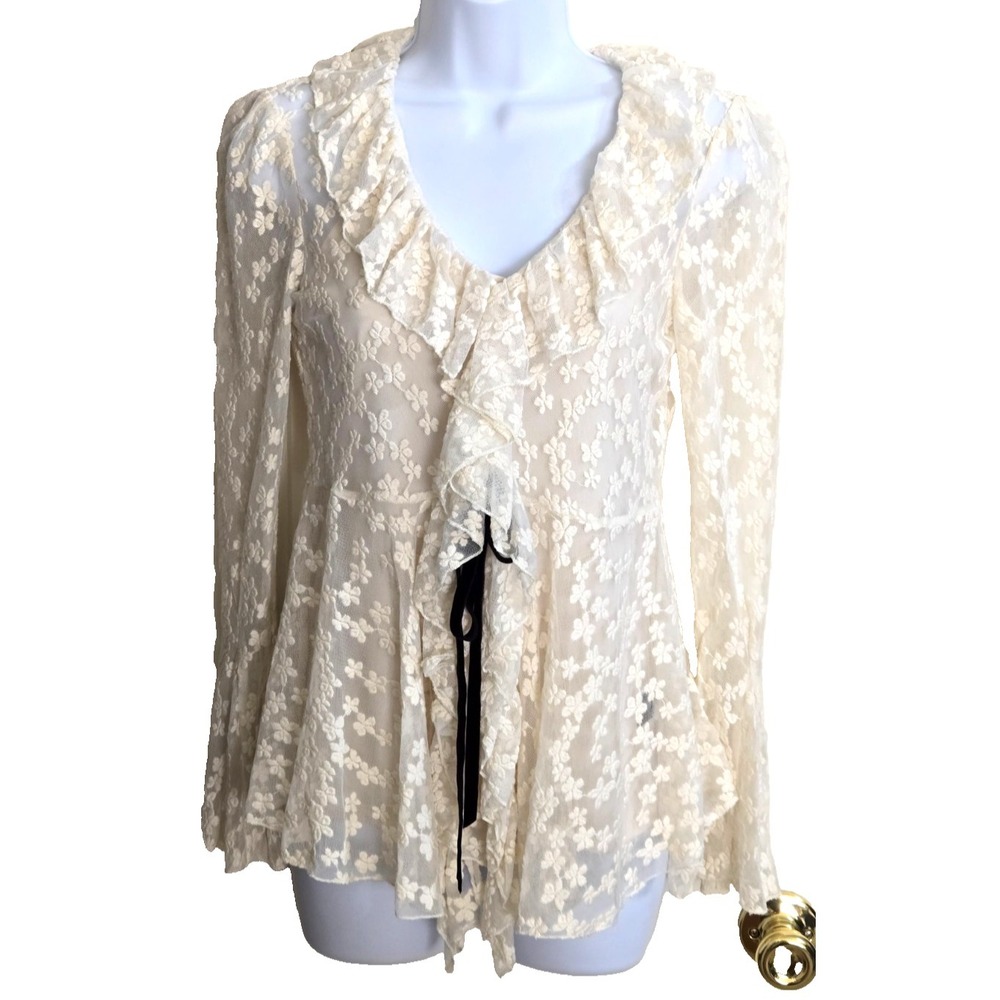 Boston Proper Lace Embroidered Long Sleeve Top w/Cami Women's XS Cream NWOT